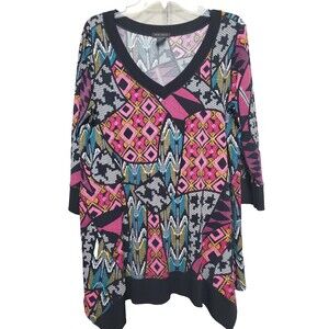 Eva Varro Mixed Print V-Neck Hanky Hem Tunic Size Large